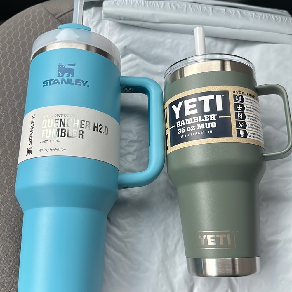 Stanley 40oz Tumbler (blue) & Olive Green 35oz Yeti Rambler